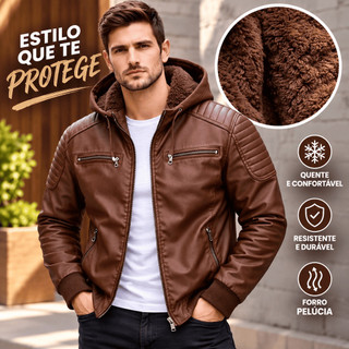 Jaqueta Couro Masculina Forrada Pelúcia Interna Bolsos Com Zíper Casual Frio Intenso Motoqueiro Resistente Confortável