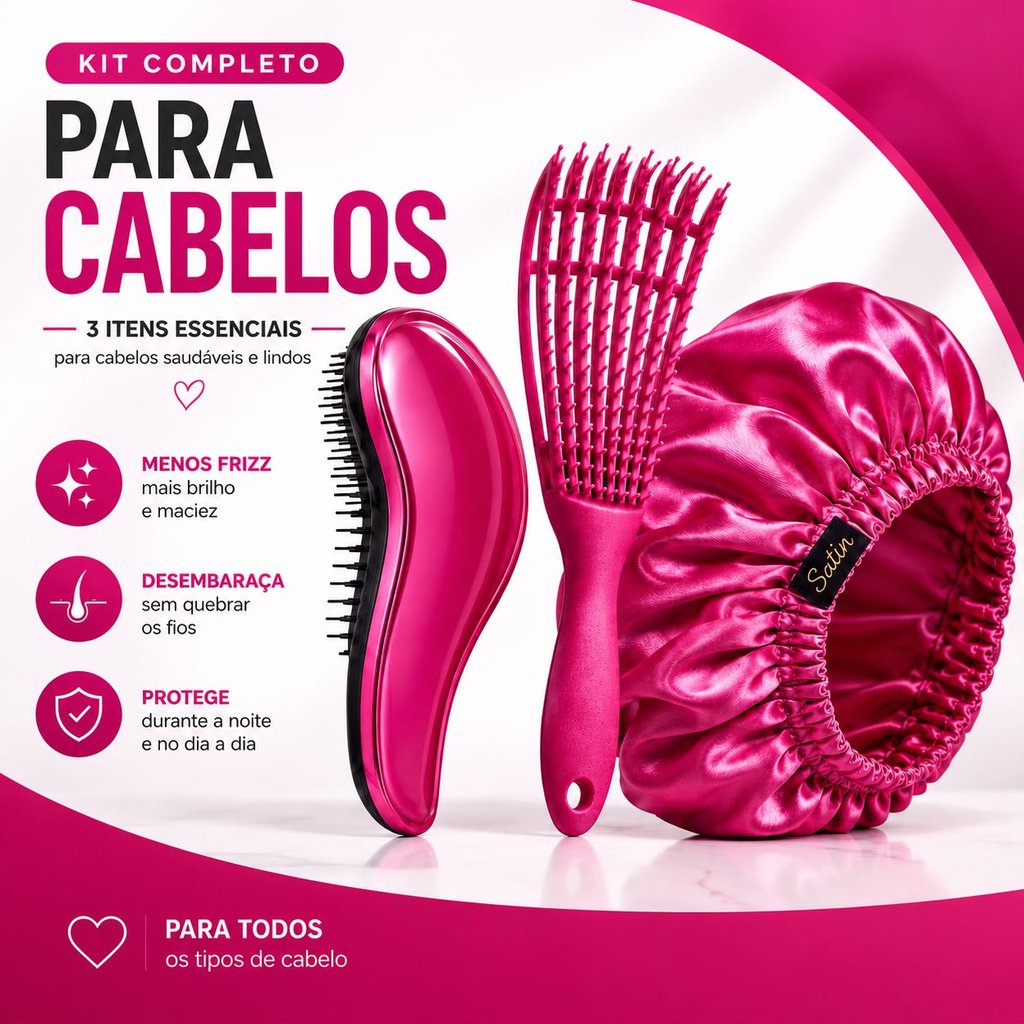 Kit Escova Mágica + Escova Polvo + Touca de Cetim Anti Frizz