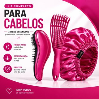 Kit Escova Mágica + Escova Polvo + Touca de Cetim Anti Frizz
