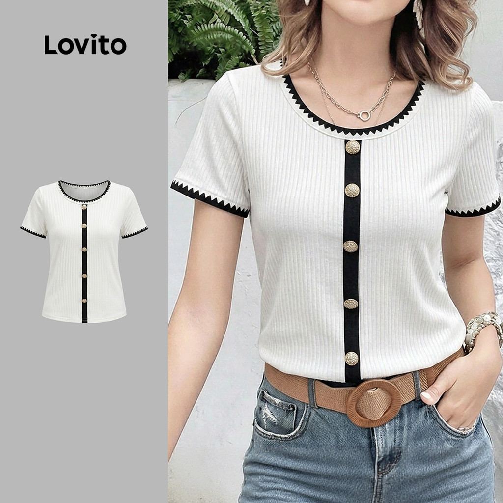 (New Arrival) Lovito Camiseta Feminina Elegante Colorblock com Botão Primavera/v