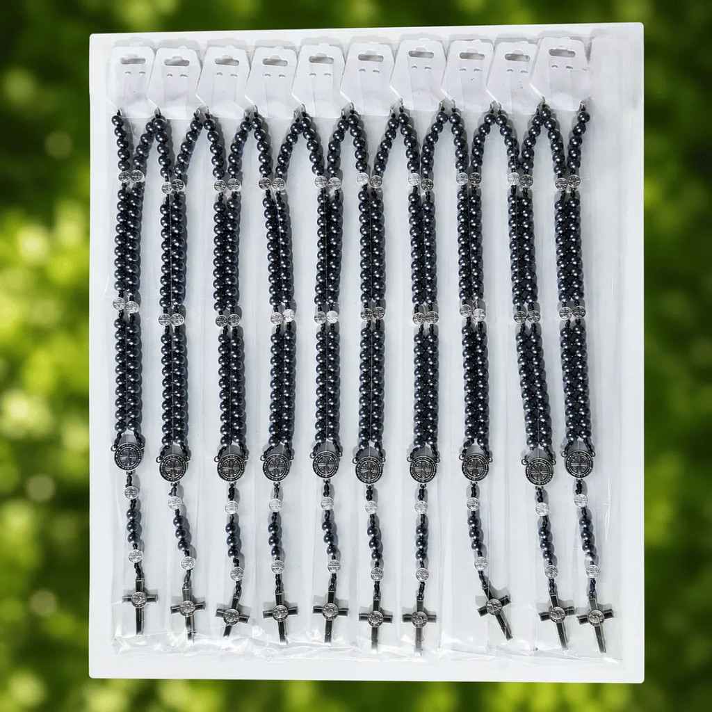 Kit 12 Terços Pescoço Pedra Hematita 10mm Medalhas São Bento