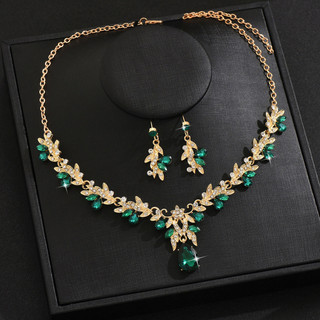 Conjunto Colar Brincos Feminino Dourado com Cristal Verde Luxo para Noiva Madrinha Festa
