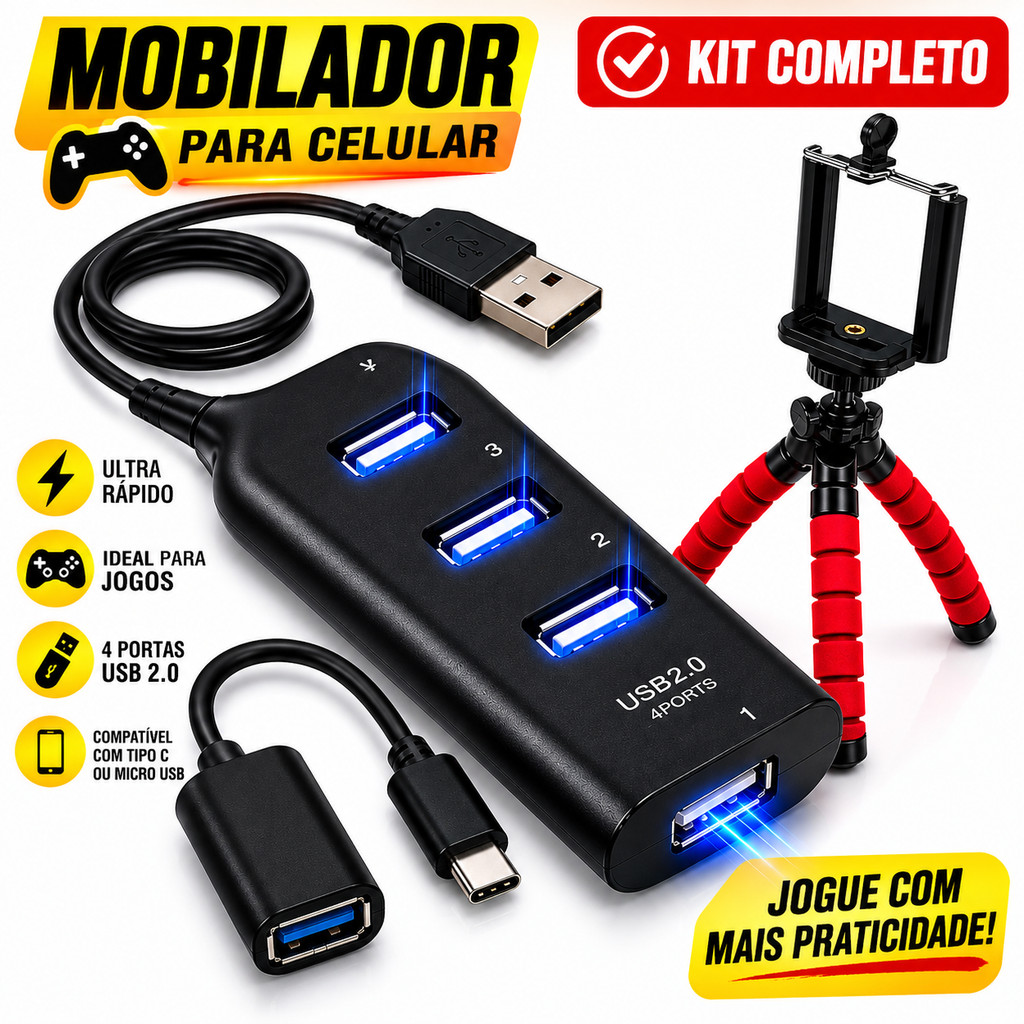 Mobilador Para Celular Com Hub Usb 4 Portas 2.0 Suporte Tripe Adaptador Otg Tipo C Ou Micro Usb Ultra Rapido Gamer