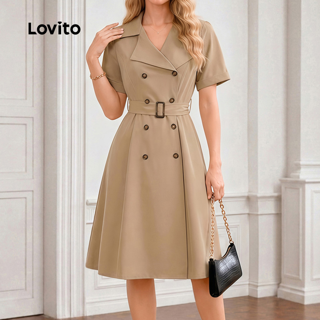 (New Arrival) Lovito Vestido Elegante com Botão Duplo e Cinto Vestido Caqui de Primavera/verão para mulheres DRB38BR171 · foto 2