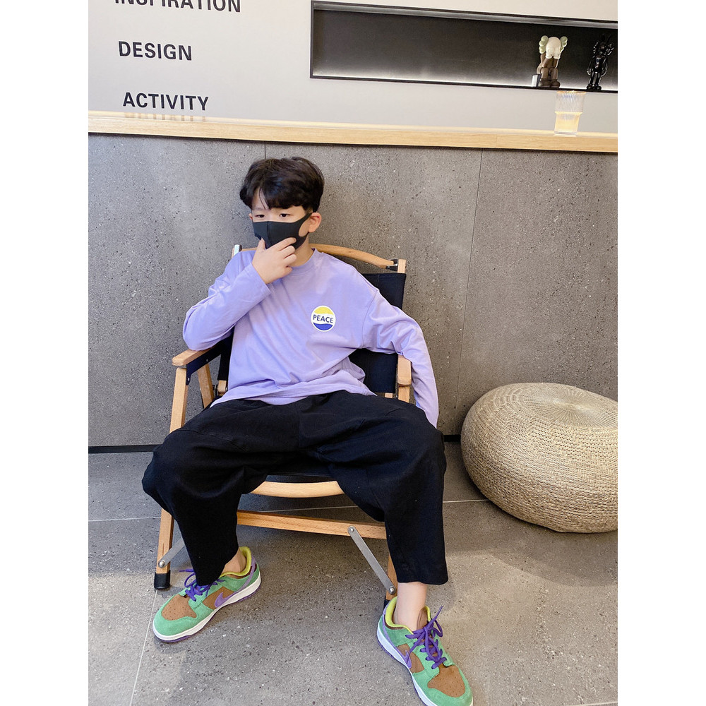 Camiseta infantil de manga comprida meninos primavera outono novo estilo roupas infantis soltas casuais estilo ocidental