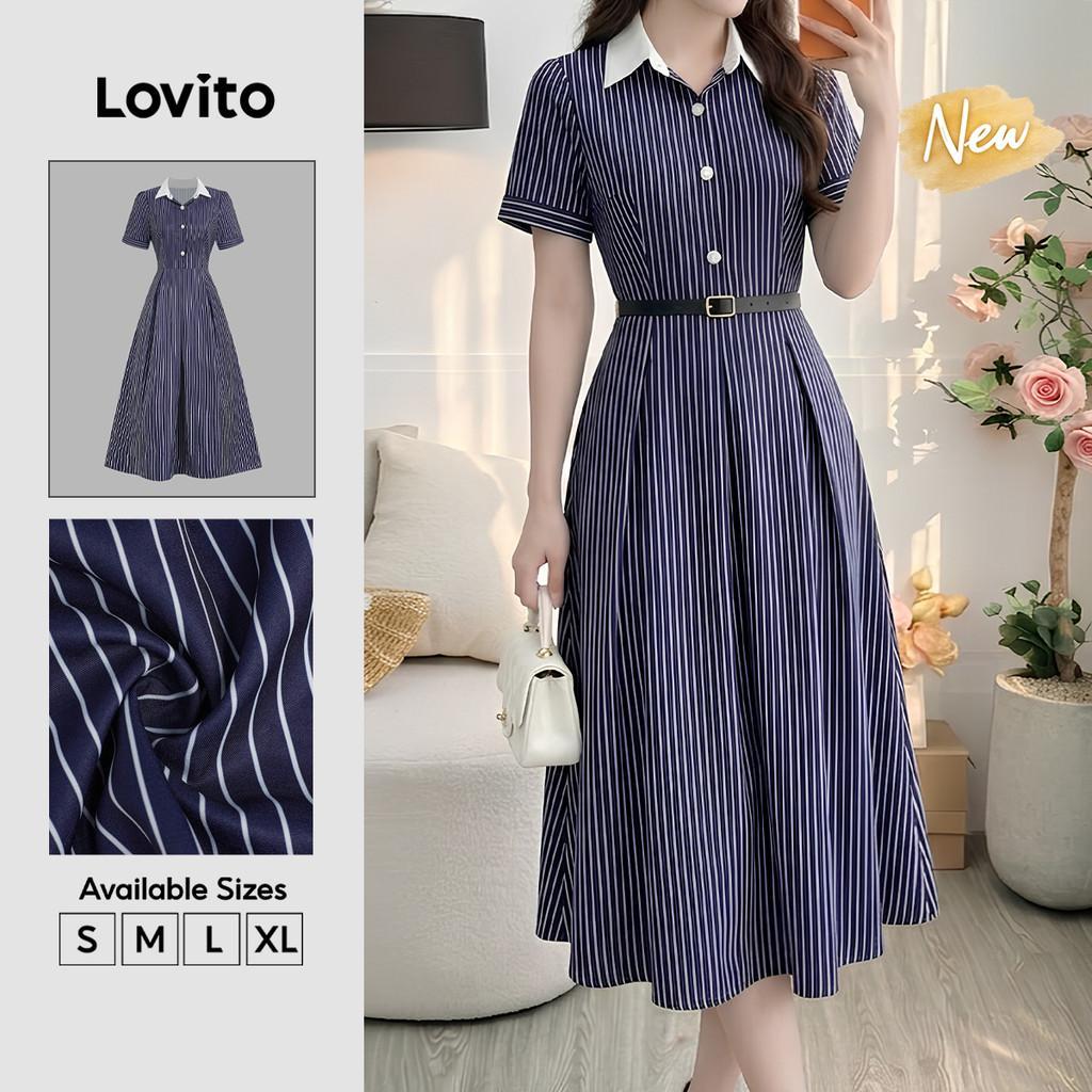 (New Arrival) Lovito Vestido Casual Azulmarinho com Botões e Pregas Estilo Colorblock Primavera/verão para mulheres DRB38BR145
