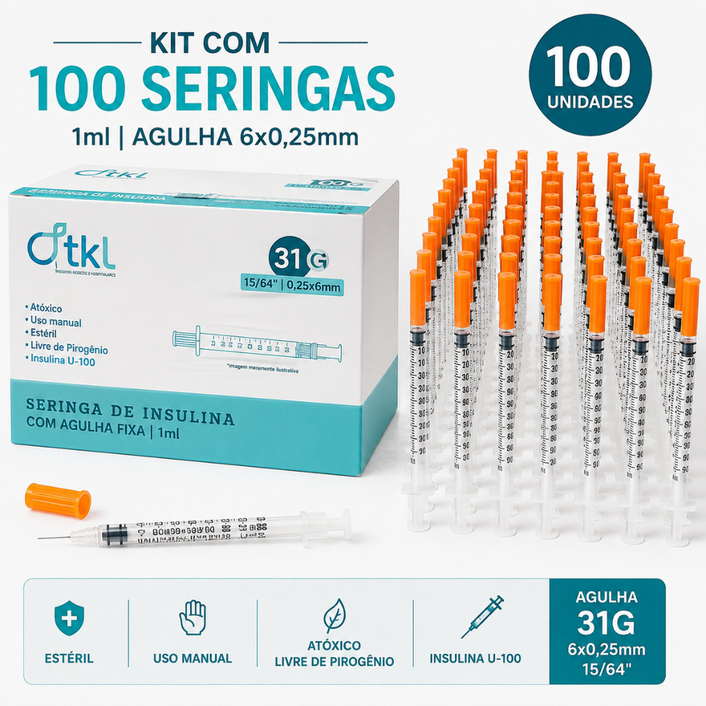 Seringa Insulina 1ml 100UI 31G 6x0,25mm Agulha Fixa Kit 100 Unidades
