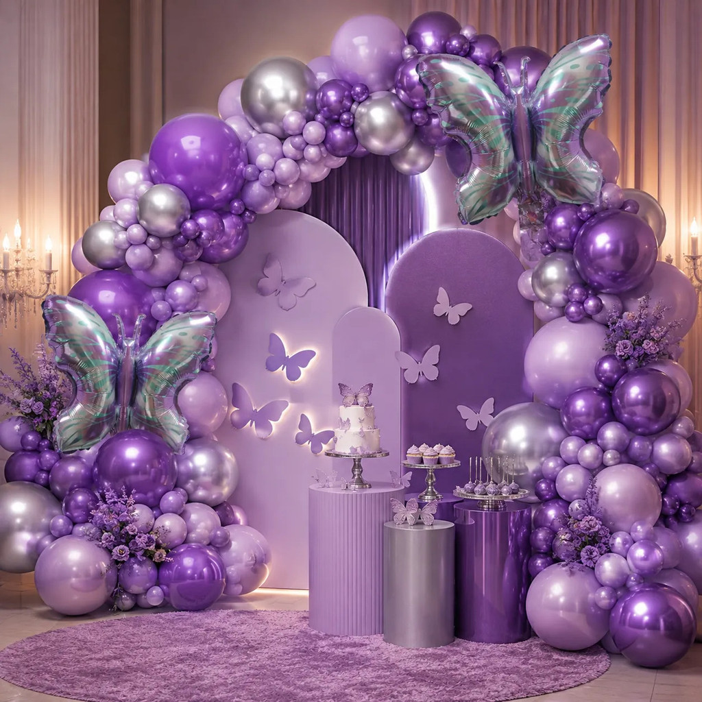 Kit 127 Balões Tema Borboleta Decoração Com Bexigas Roxo Prata Metalizado Lilás Arco Desconstruído