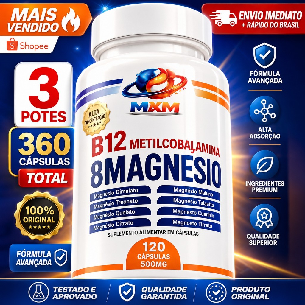8 Magnésios + Vitamina B12 Metilcobalamina M&M 120 Cápsulas