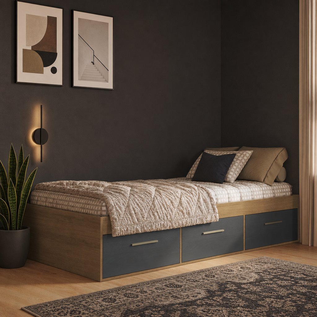 Cama de Solteiro com 3 Gavetas Genebra Mel Grafite Mel/Grafite