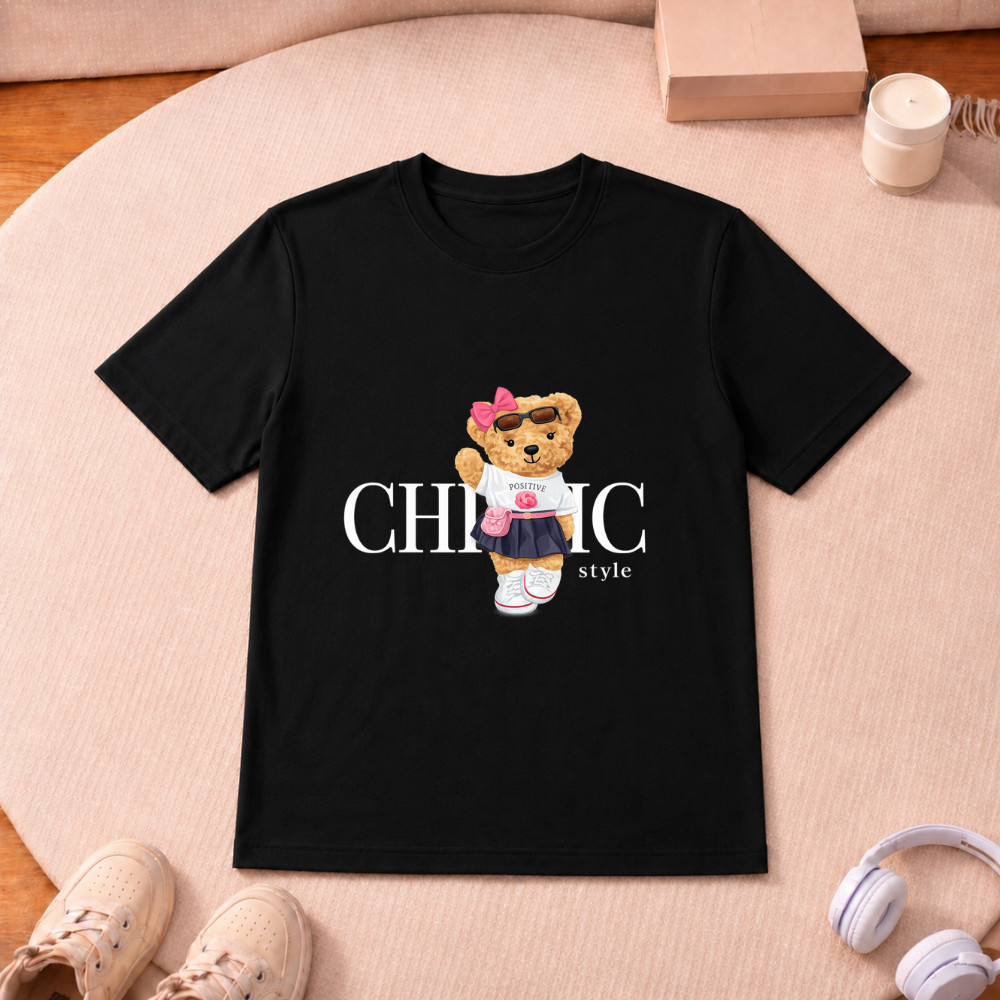 Camiseta Infantil Estampa Ursinha Chic Algodão Confortável Manga Curta Malha Premium