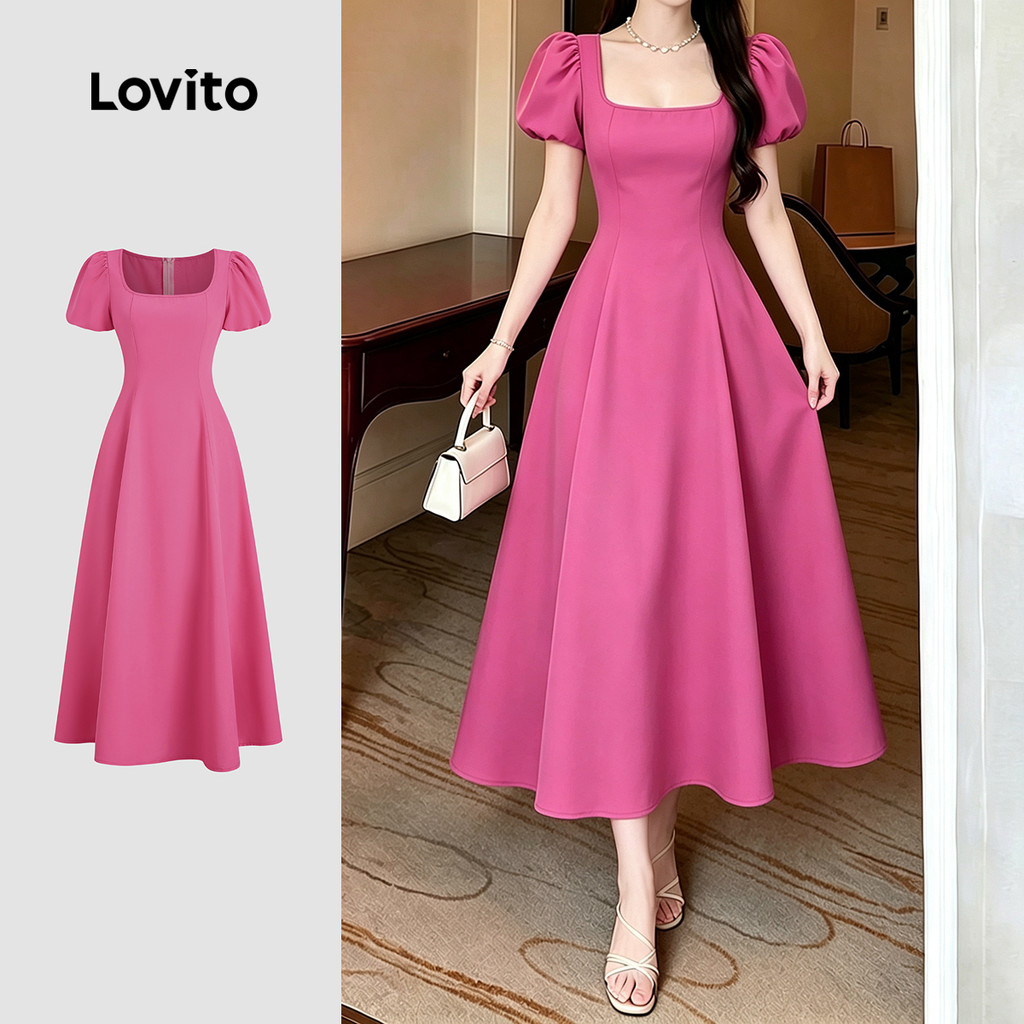 (New Arrival) Lovito Vestido Casual de Manga Bufante Primavera/verão Vermelho Ro