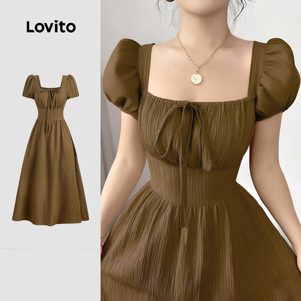 Lovito Elegante Vestido Marrom Com Zíper Para Férias Na Primavera/verão Para Mul
