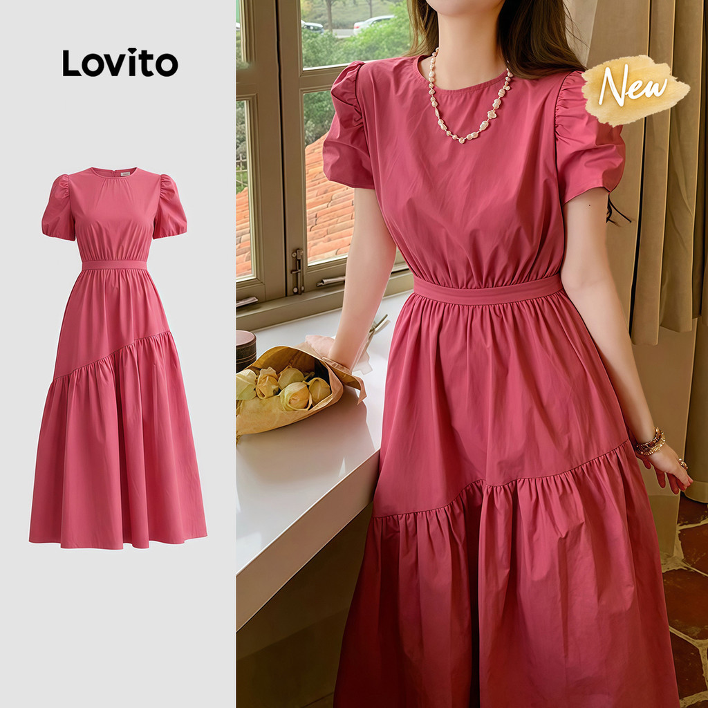 (New Arrival) Lovito Vestido Casual Plissado Drapeado Cor Rosa Vermelho para Mulheres primavera/verão LK7AD171
