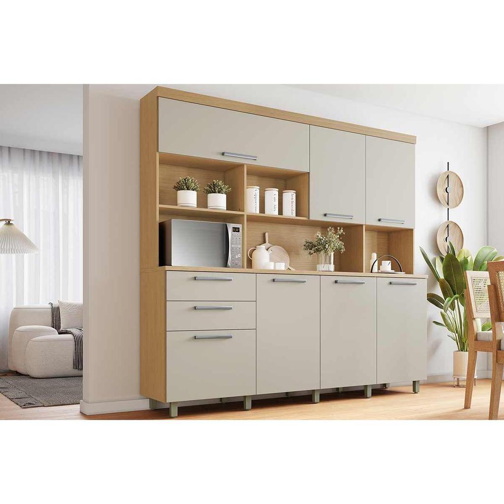 Cozinha Compacta Nobreza c/ 7 Portas e 2 Gavetas 210cm Carvalho/Cinza - Nesher