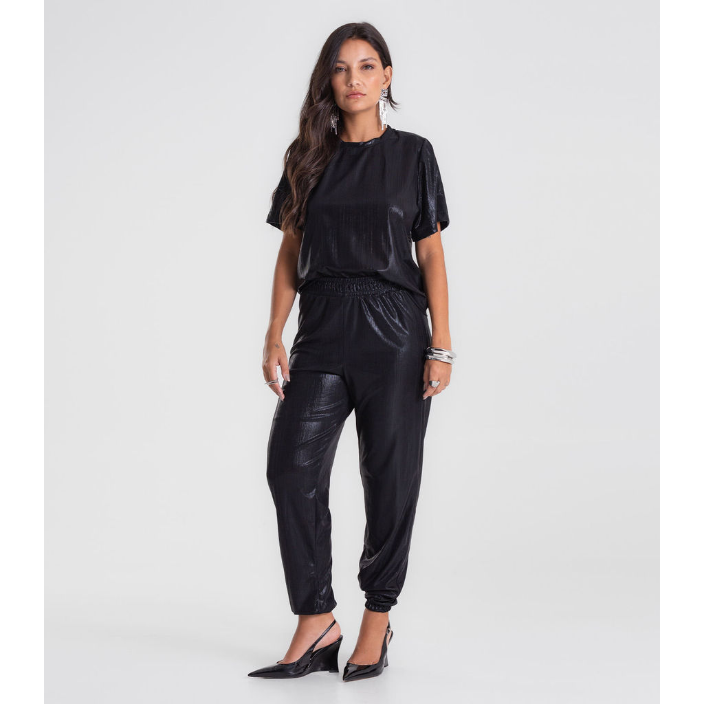 Calça Feminina Aladim em Malha Plissada Dianna Preto
