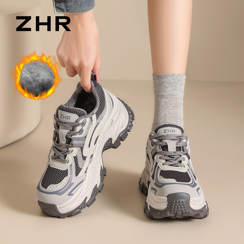 ZHR sapatos femininos de lã de sola grossa 2026 outono inverno novo estilo tênis cinza pequeno altura interna