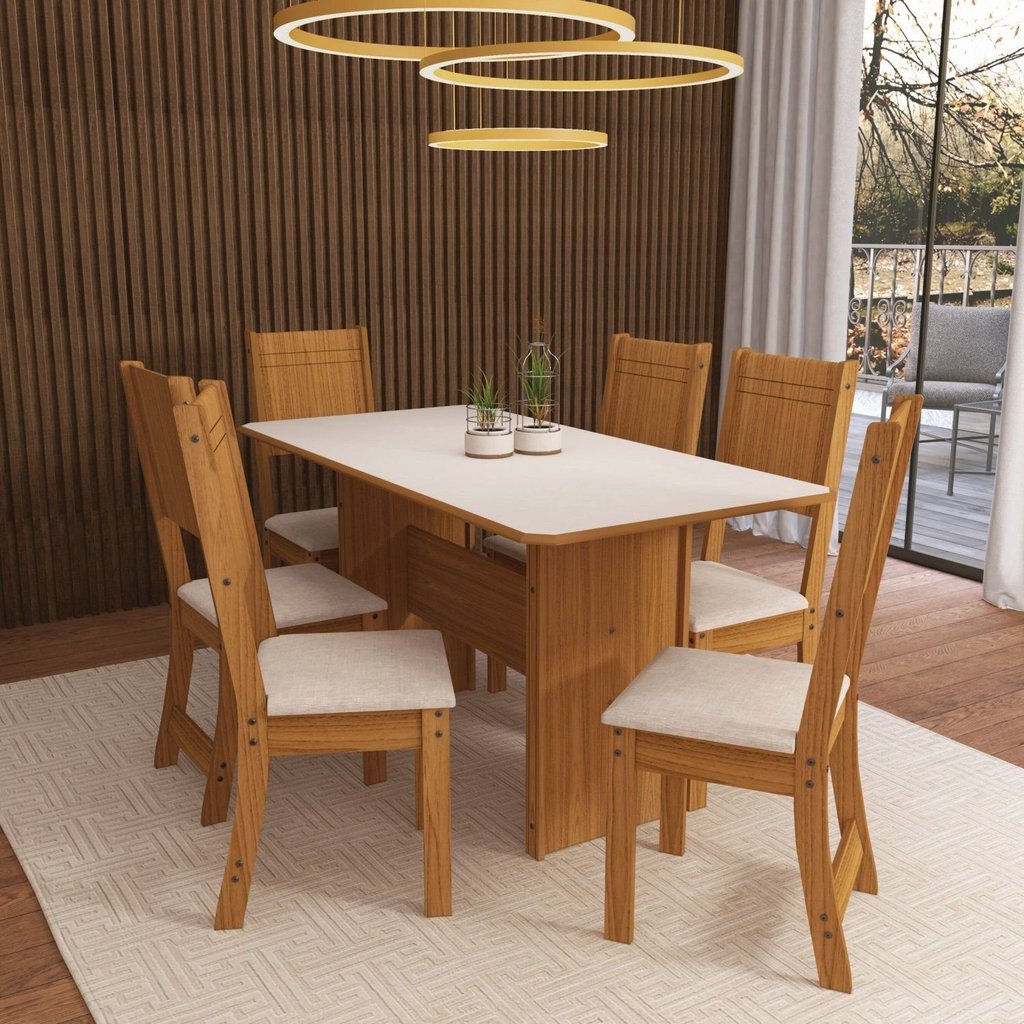 Conjunto de Sala de Jantar 1 Mesa Tampo Retangular MDF 6 Cadeiras Atenas Laranja/Freijó/Off White/Linho Freijó/Off