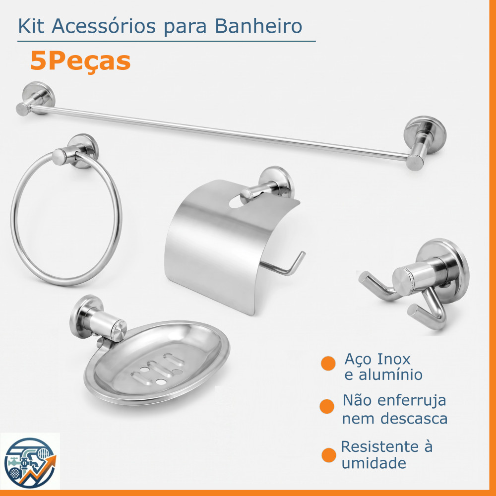Kit 5 Peças Acessórios Banheiro Completo Inox Aço Escovado Saboneteira Papeleira Porta Toalha Cabide — imagem 2 de 2