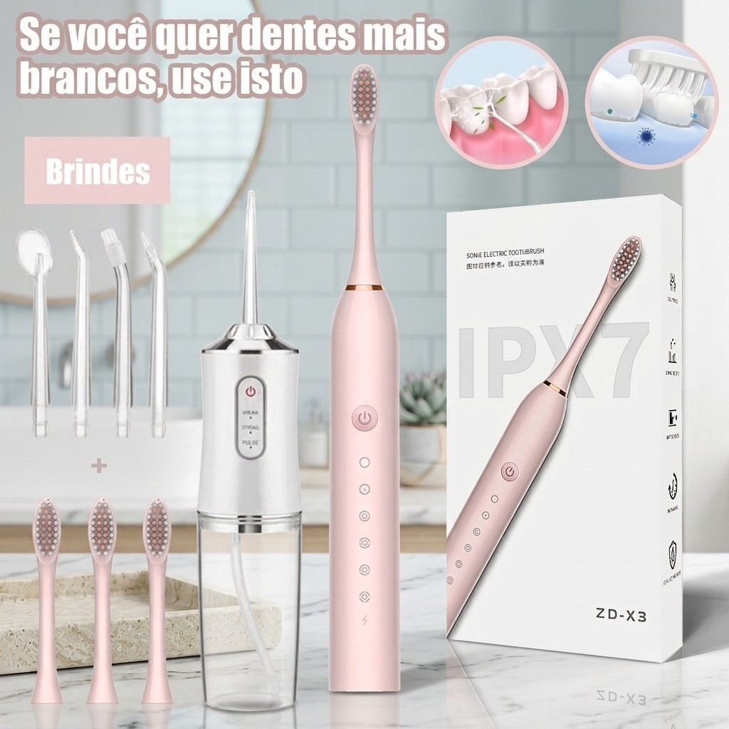 Escova Dental Sônica Anti Placa e Irrigador Bucal Portátil Ergonômico