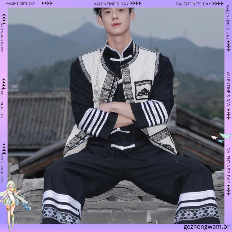 Novo estilo roupas étnicas roupas de viagem fotografia terno Liangshan bordado roupas masculinas foto tocha minoria esti