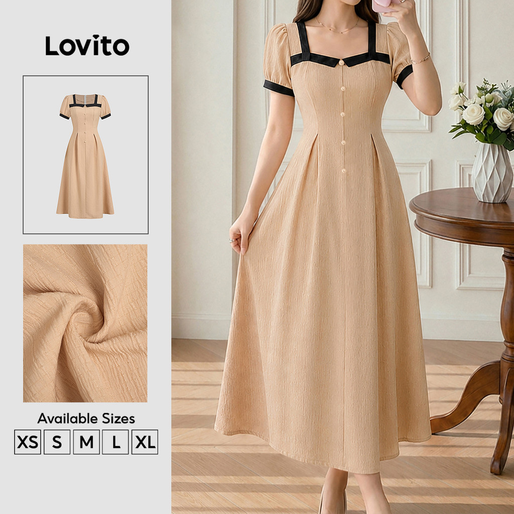 (New Arrival) Lovito Vestido Caqui Aline Elegante Com Botões Pérolas Viés Contrastante Primavera/Verão Trabalho Feminino DRB201P1D154