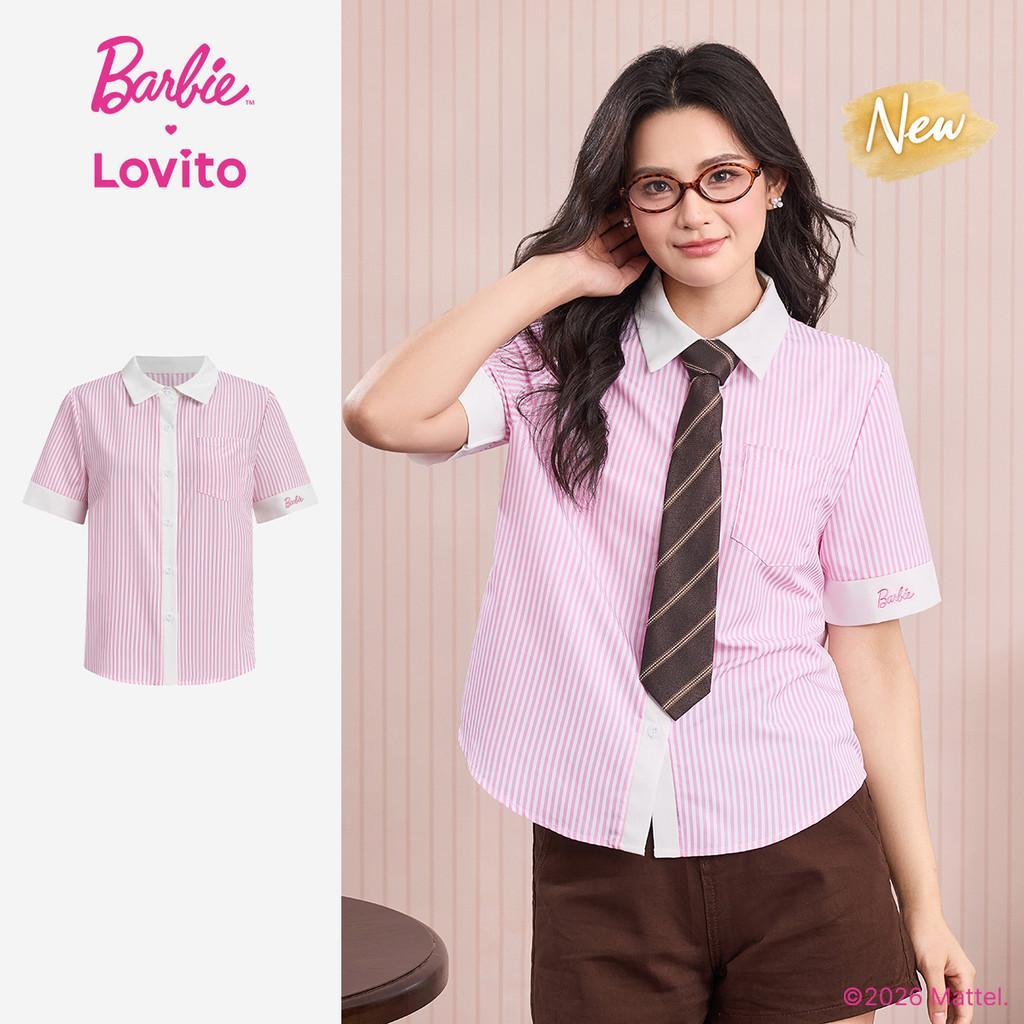 (New Arrival) Barbie™ X Lovito Blusa Casual Rosa Com Botão E Bordado Estilo Colorblock Para Mulheres Na primavera/verão BLBL6PAD011