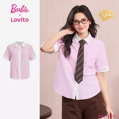 (New Arrival) Barbie™ X Lovito Blusa Casual Rosa Com Botão E Bordado Estilo Colorblock Para Mulheres Na primavera/verão BLBL6PAD011