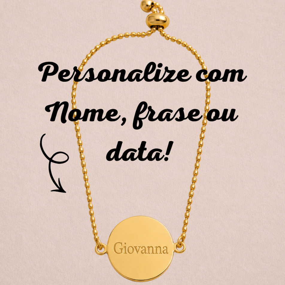 Pulseira Feminina Redonda Banhada Ouro18K Personalizada a Laser com Nome, Frase, Fota, Data, Simbolo | Presente Especial