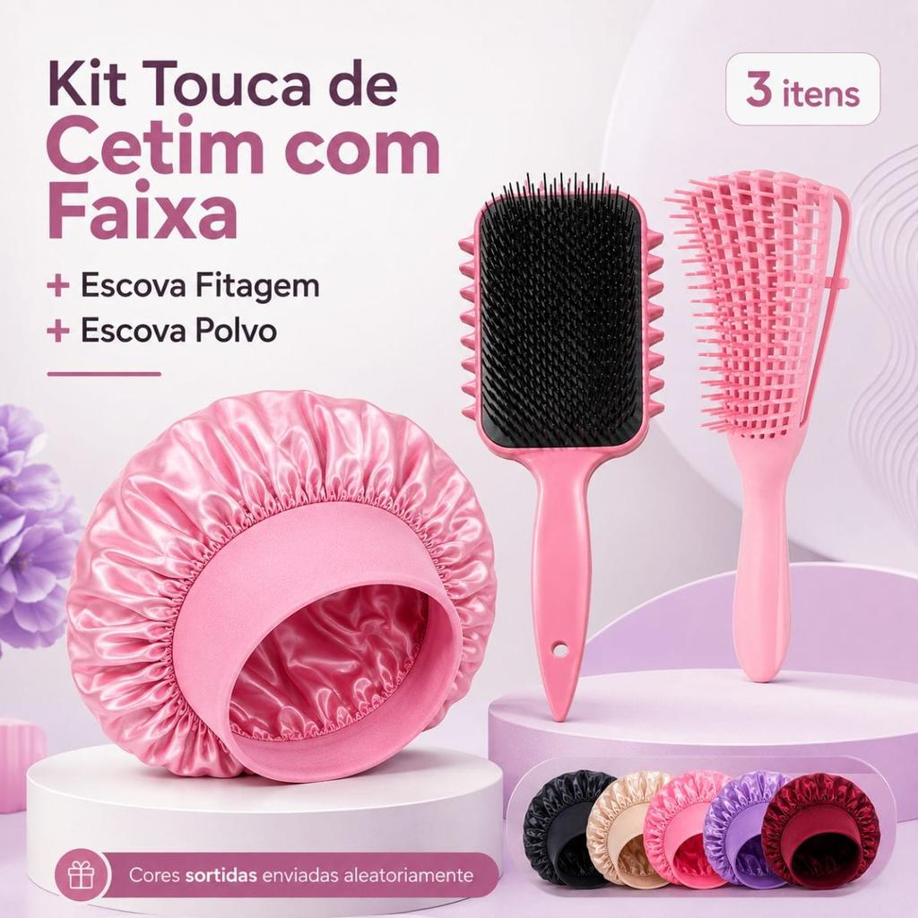 Kit Touca de Cetim com Faixa + Escova Polvo + Escova de Fitagem – cores sortidas, desembaraço e definição de cachos