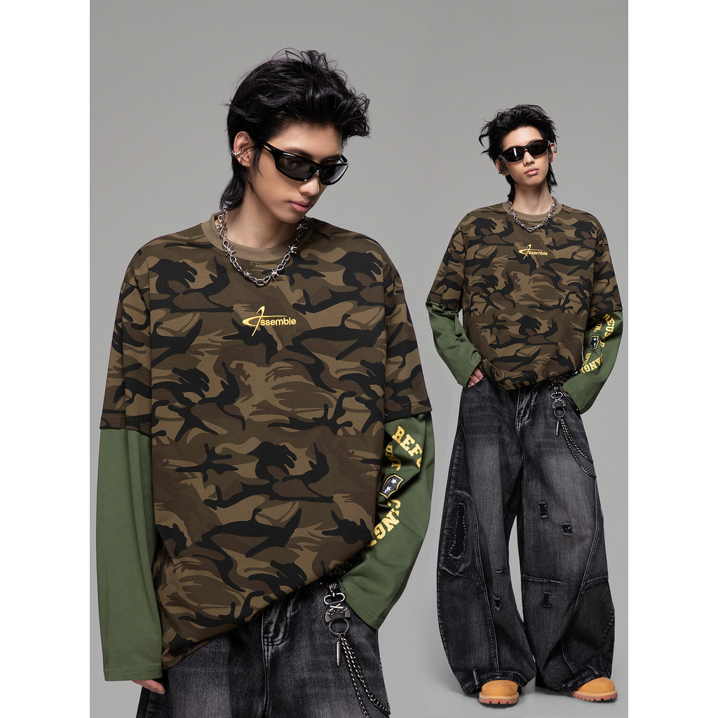 Moda rua estilo americano street Wear camuflagem falso de duas peças de manga comprida camiseta masculina 2026 primavera