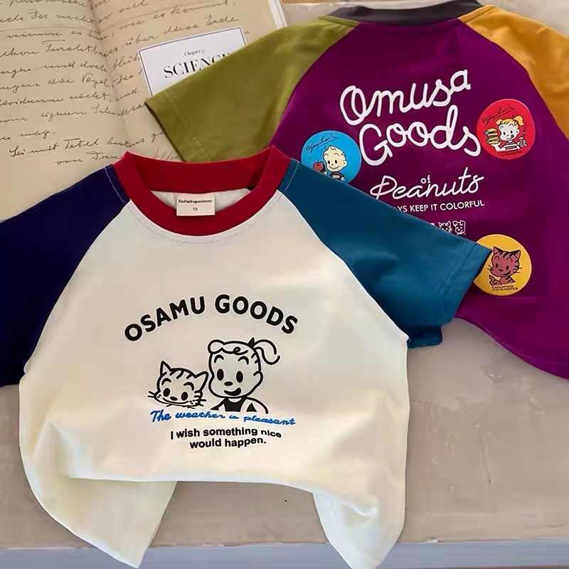 100% algodão crianças camiseta de manga curta contraste cor dos desenhos animados impressão meninos meninas bebê costura