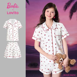 Barbie™ X Lovito Top Branco Manga Curta Gola Ponta Média Pernas Largas Botões Borda e Bolso LBL5AD053