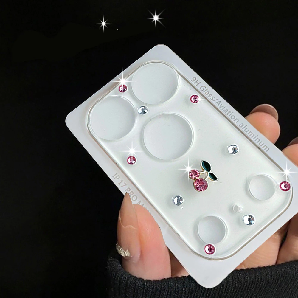 Bonito 3D Rosa Vermelho Cereja Strass Decoração Protetor De Lente De Câmera Para iPhone 17 18 Pro Max Vidro Protetora