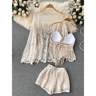 Férias à beira-mar rendas Cardigan praia exterior protetor solar maiô biquíni de malha borla pequeno Suspender Shorts te