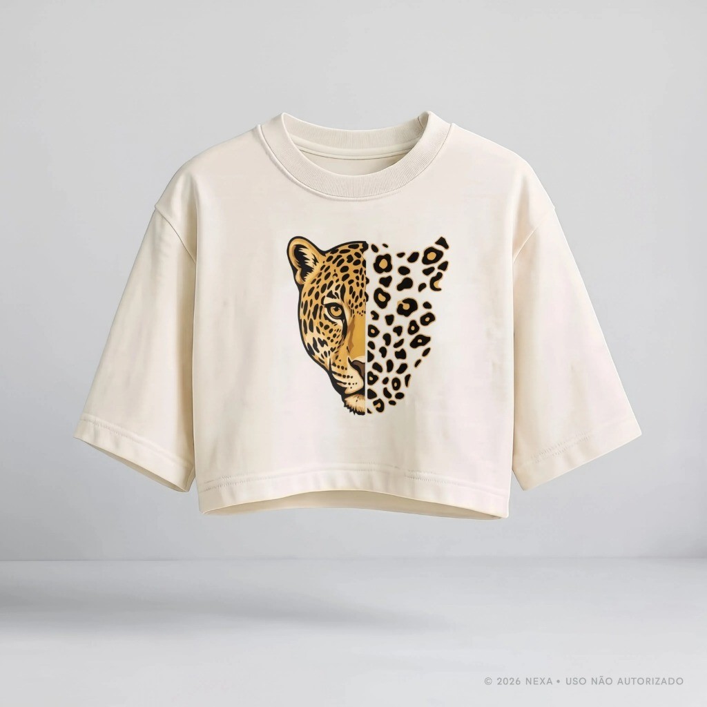 Cropped Feminino Oversized Oncinha Estampado Camiseta Algodão Animal Print Blusa Streetwear Casual Moda Feminina Tendênc