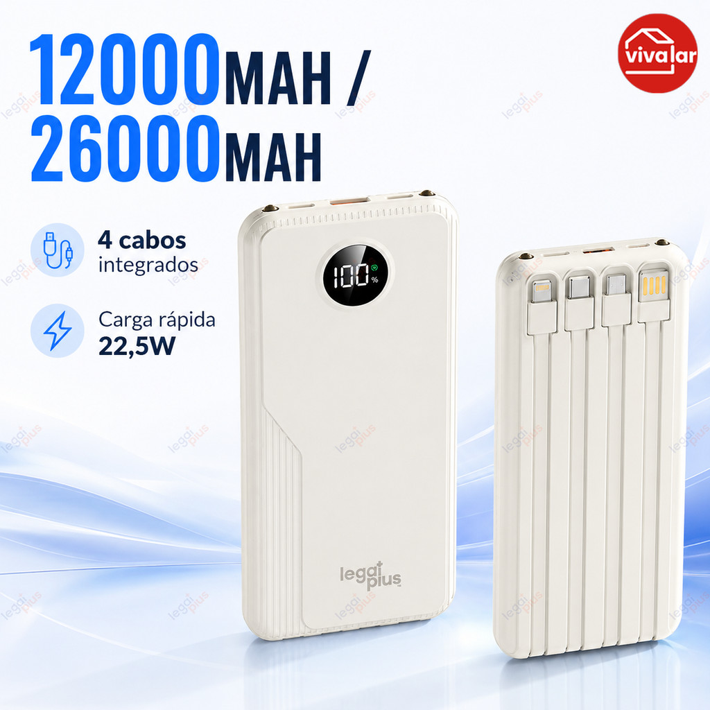 Carregador Portátil 12.000 e 26.000mAh Grande Capacidade 4 Cabos em 1 22,5W PD Tela Circular iPhone Android