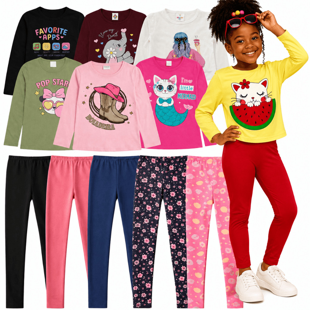 Kit 3 Conjunto Meia Estação Infantil Menina | Camiseta Manga Longa + Legging Infantil | Roupa de Frio Menina | Sortidas