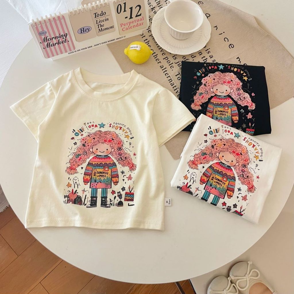 100% algodão meninas camiseta de manga curta verão impressão dos desenhos animados bebê médio pequenas crianças soltas A