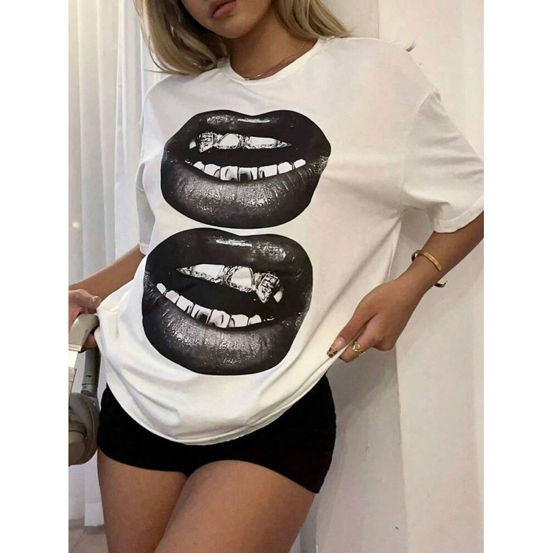 Camiseta Feminina Estilosa Streetwear Algodão Premium Estampa Boca Envio Imediato
