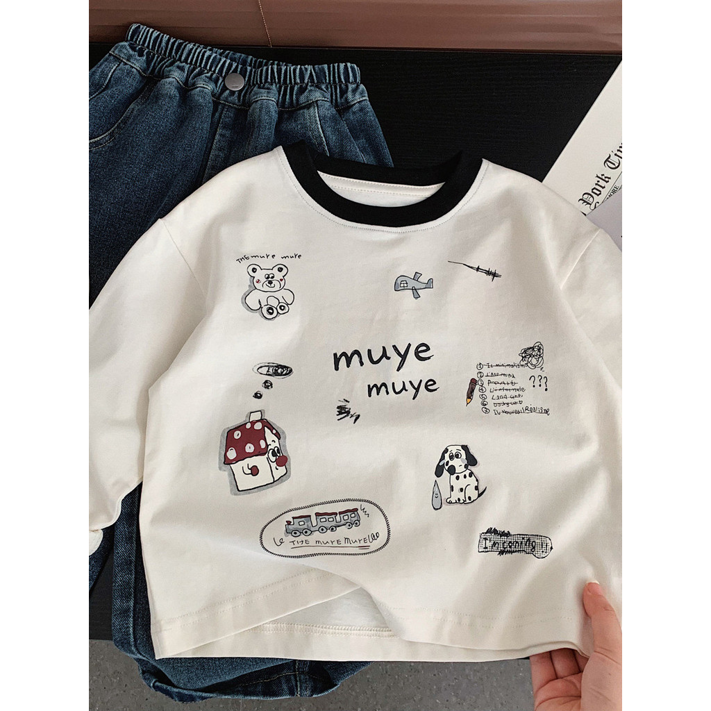 Médio pequeno crianças moda dos desenhos animados de manga comprida camiseta meninos meninas 2026 primavera outono roupa