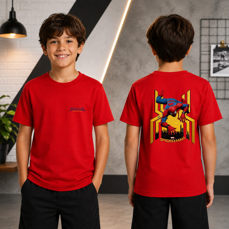 Camiseta Infantil Juvenil Aranha Estampada Frente e Costas, Blusa Personagem Homen Aranha, Camisa Masculina Herói Aranha