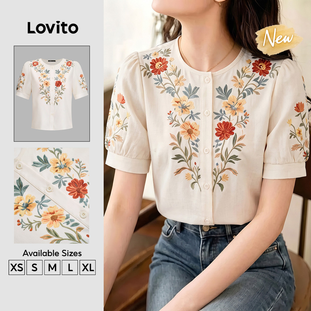 (New Arrival) Lovito Blusa Boho Retrô Anos 90 Com Babados Exagerados E Botões Feminina Para Primavera/verão BLK9P1D055