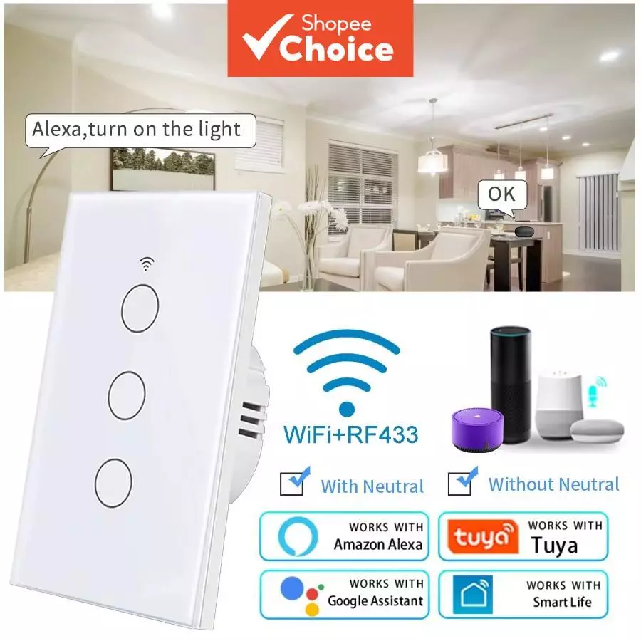 Interruptor Inteligente de Luz WiFi de 1/2/3/4 Teclas AXUS Neutro/Sem Neutro Compatível com Tuya, Alexa e Google