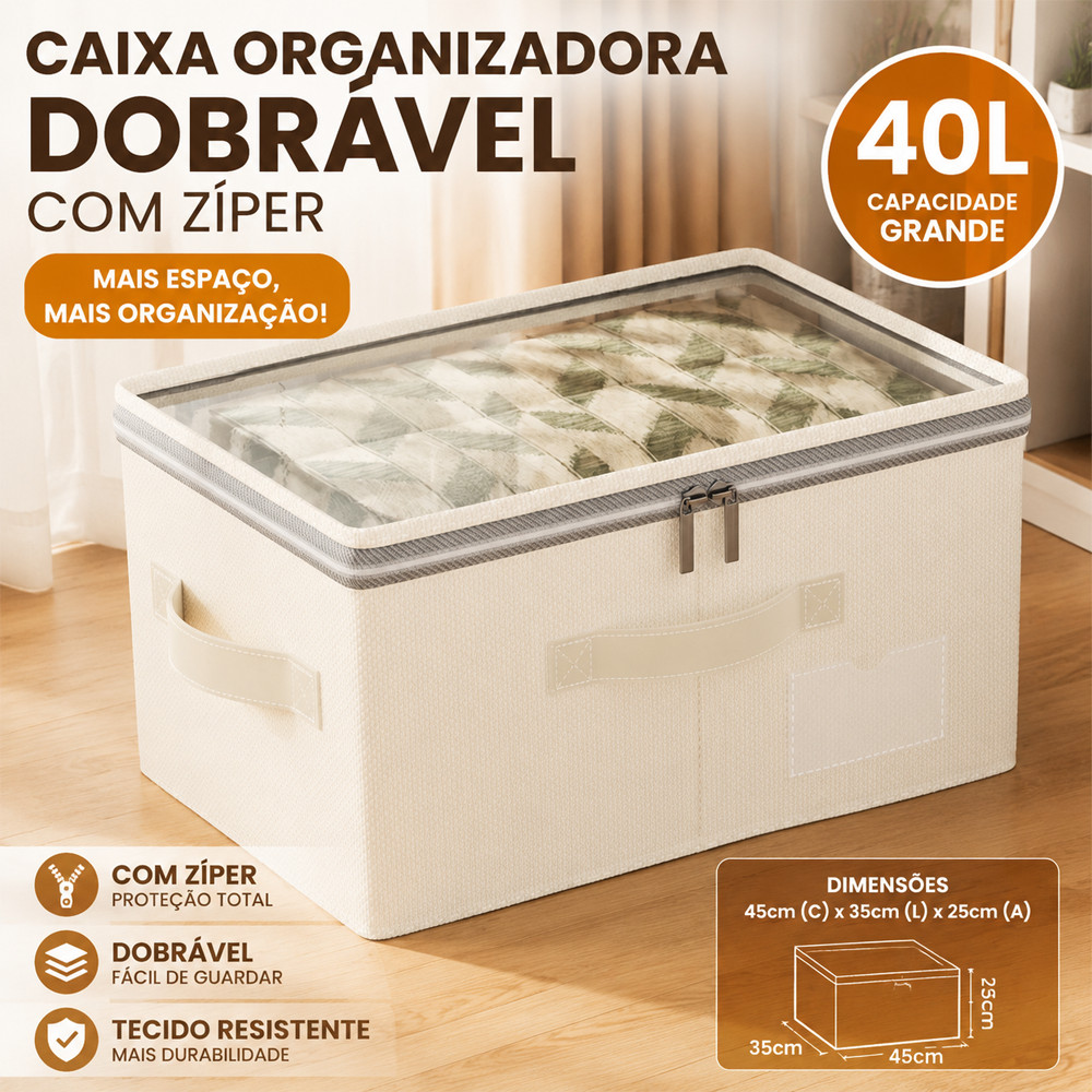 Caixa Organizadora Dobrável com Zíper 40/60L, Organizador de Roupas para Mudança e Armazenamento