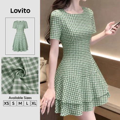 Lovito Vestido Elegante com Babados Geométricos para Mulheres Verde primavera/verão L198ED326