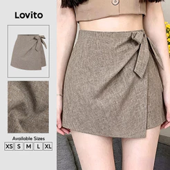 Lovito Shorts Casuais com Laço e Franzido Shorts Cáqui de Primavera/verão para mulheres L198ED3177