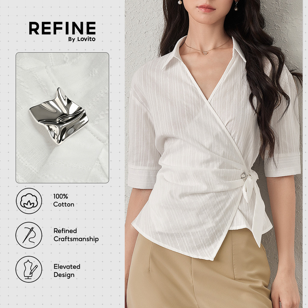 (Refine by Lovito)Blusa Social AlgodãoLinho Bordado Cruz Metal Branco Feminino Primavera/Verão BLR42P1D016