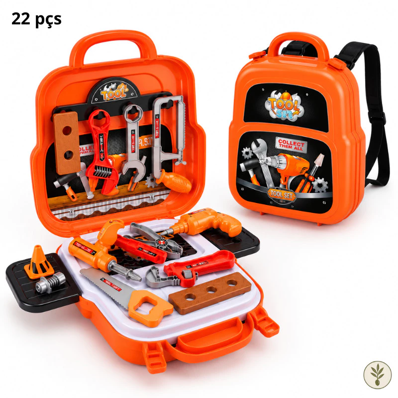 Kit Maleta de Ferramentas Infantil 3 em 1 22 Peças Vira Mochila Oficina Brinquedo Menino Educativo