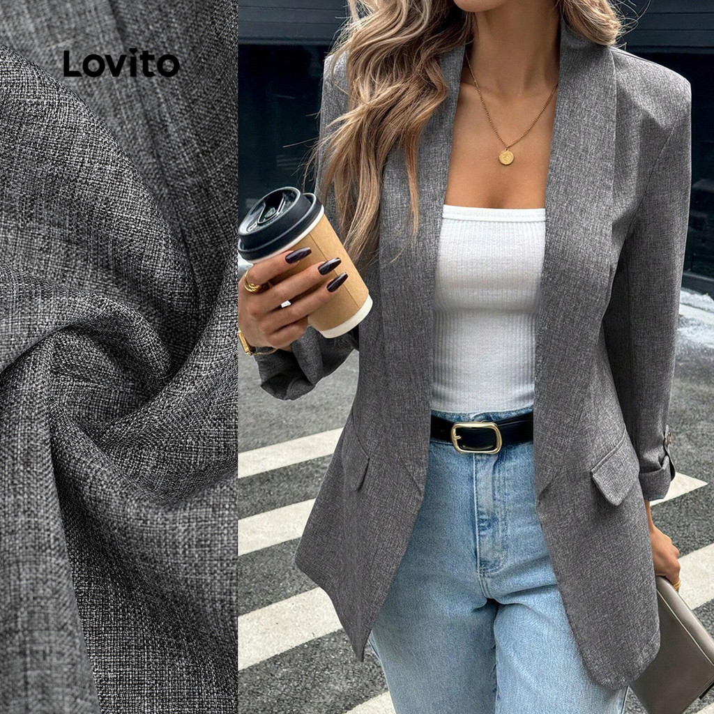 (New Arrival) Lovito Blazer Elegante Cinza para Mulher Botões outono/inverno BZBR37BR152